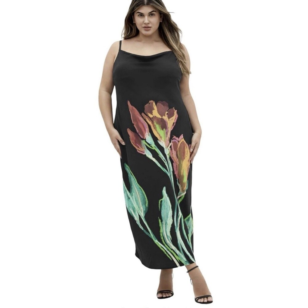 City Chic Avery Cowl Neck Floral Slip Midi Spaghetti Strap Dress Women’s Medium